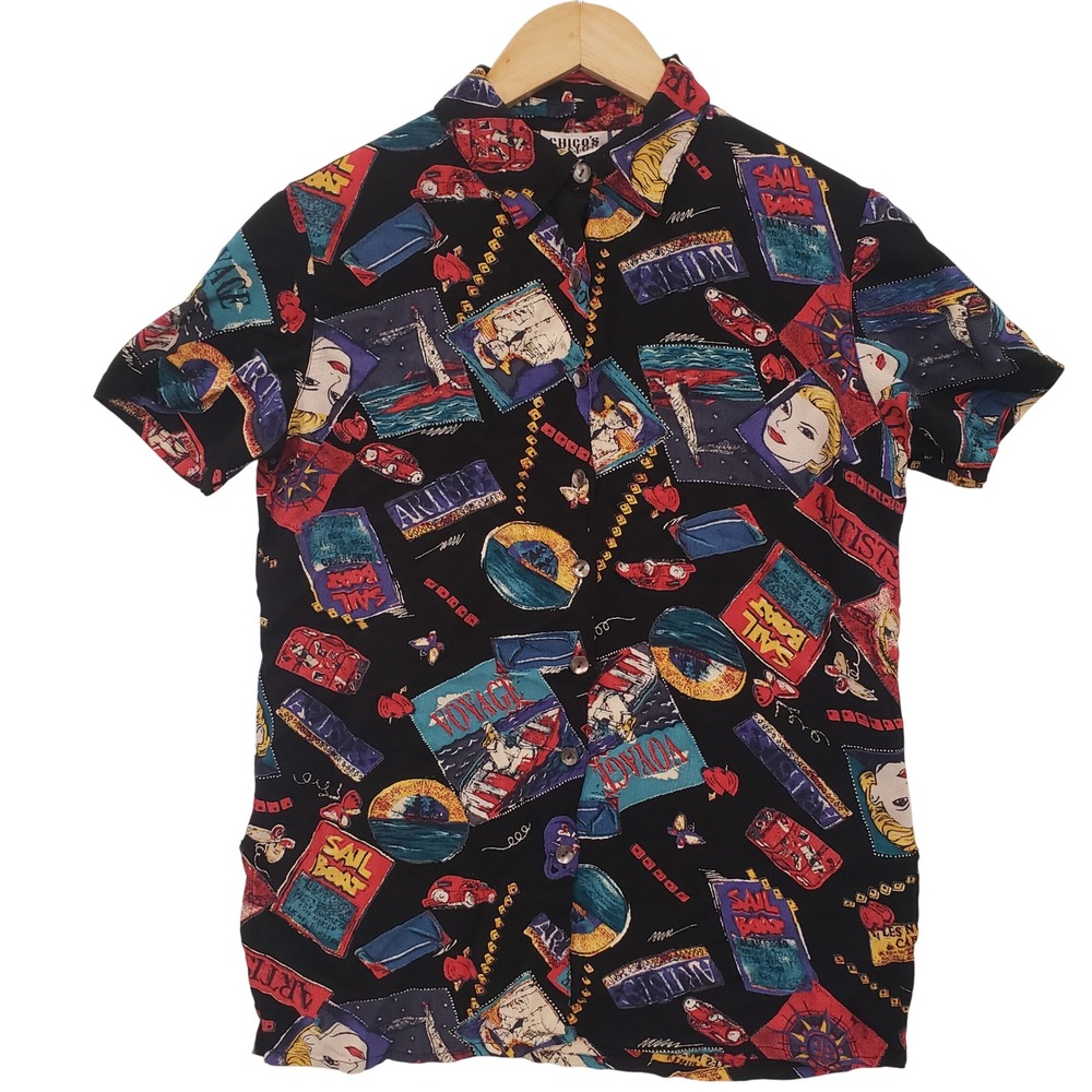 Chicos Design Button Down Shirt Vintage 90s Novelty Travel Electric Artsy Casual